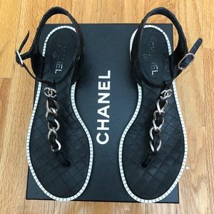 Authentic Chanel Thong Calfskin Leather Sandals
